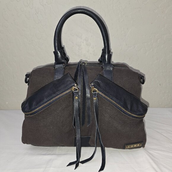 L.A.M.B Gwen Steffani Gray Canvas & Black Leather Crossbody Pocket Satchel - Picture 8 of 13